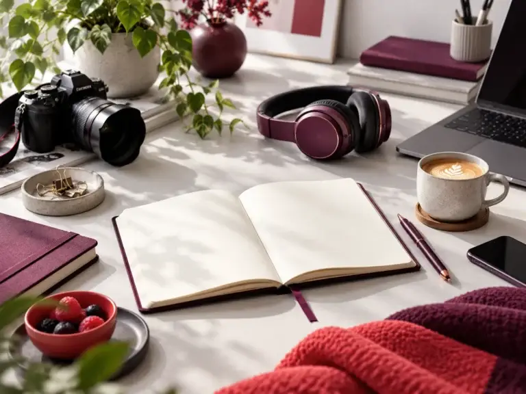 Moderner Schreibtisch mit Kamera, Laptop, Kopfhörern und Notizbuch als Symbol für Wissen, Kreativität und vielseitige Themen.