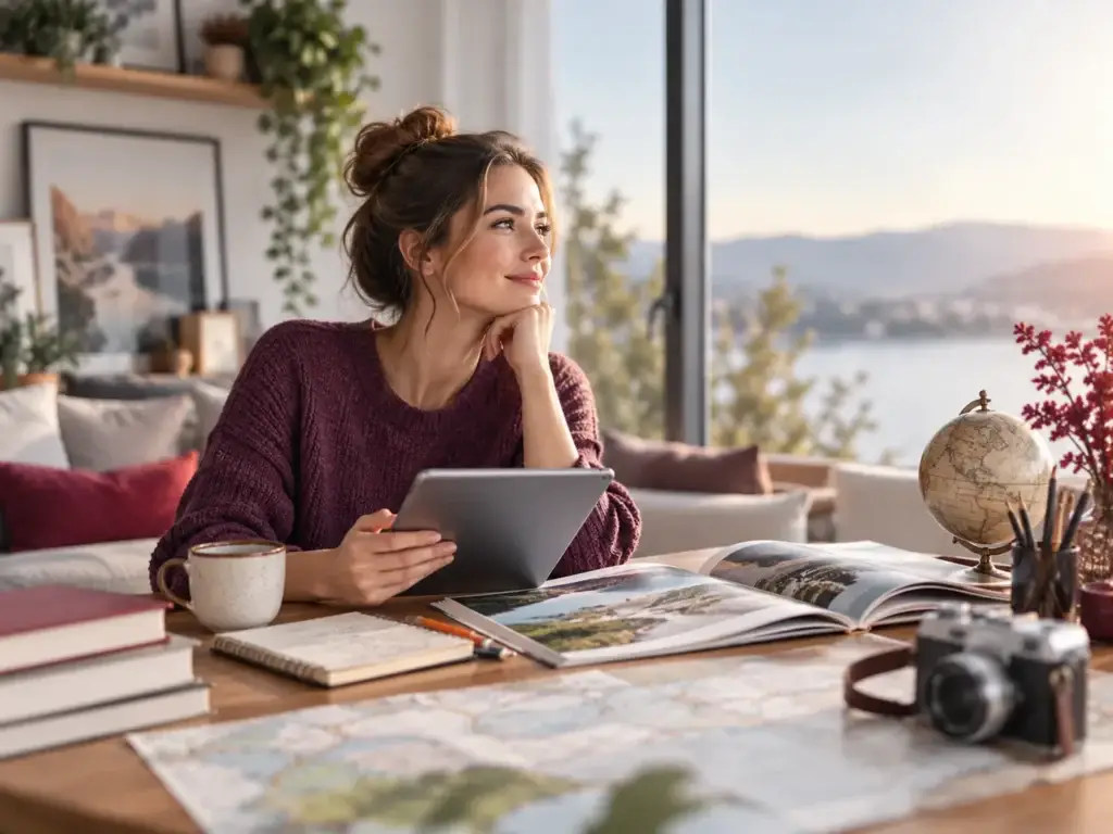 Frau mit Tablet entdeckt neue Inspirationen in einer gemütlichen Umgebung mit Büchern, Reisematerialien und Blick in die Natur.