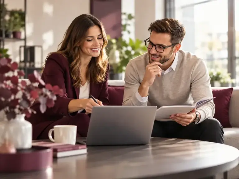 Zwei Personen tauschen sich über Fragen und Informationen aus und betrachten gemeinsam einen Laptop in einer modernen, hellen Umgebung.