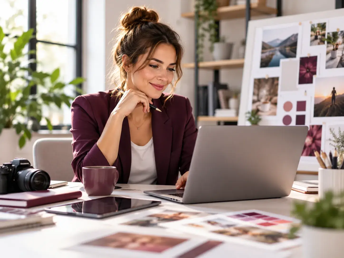 Frau arbeitet kreativ an einem Laptop in einem modernen Büro mit Moodboard, Kamera und bordeauxfarbenen Akzenten.